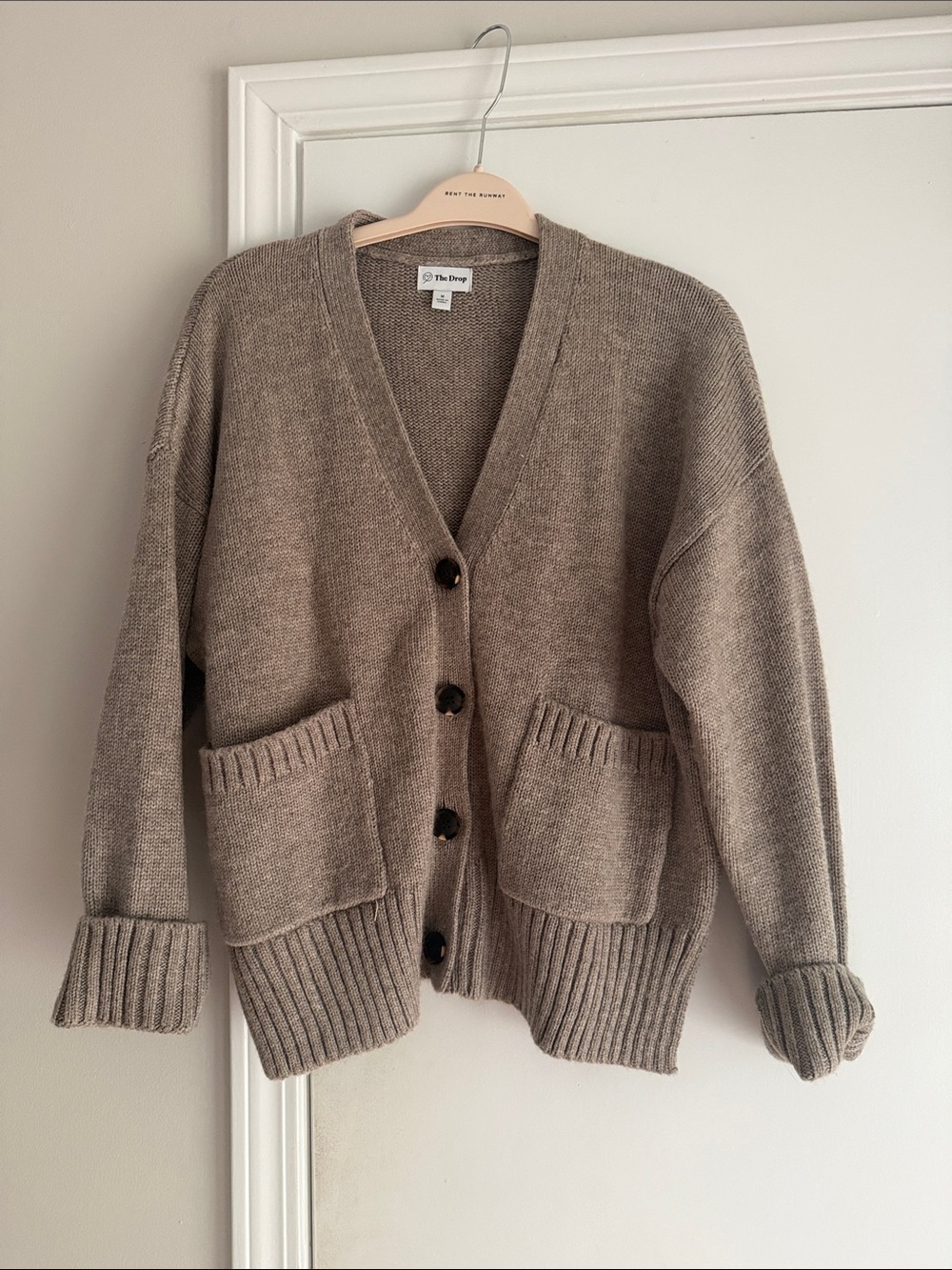The Drop Women's Taupe V-Neck Pocket Cardigan